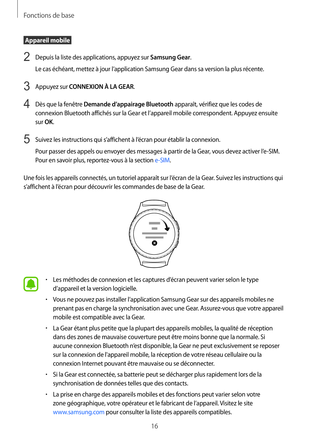 Samsung SM-R7350ZKGFTM manual  Appareil mobile , Appuyez sur Connexion À LA Gear 